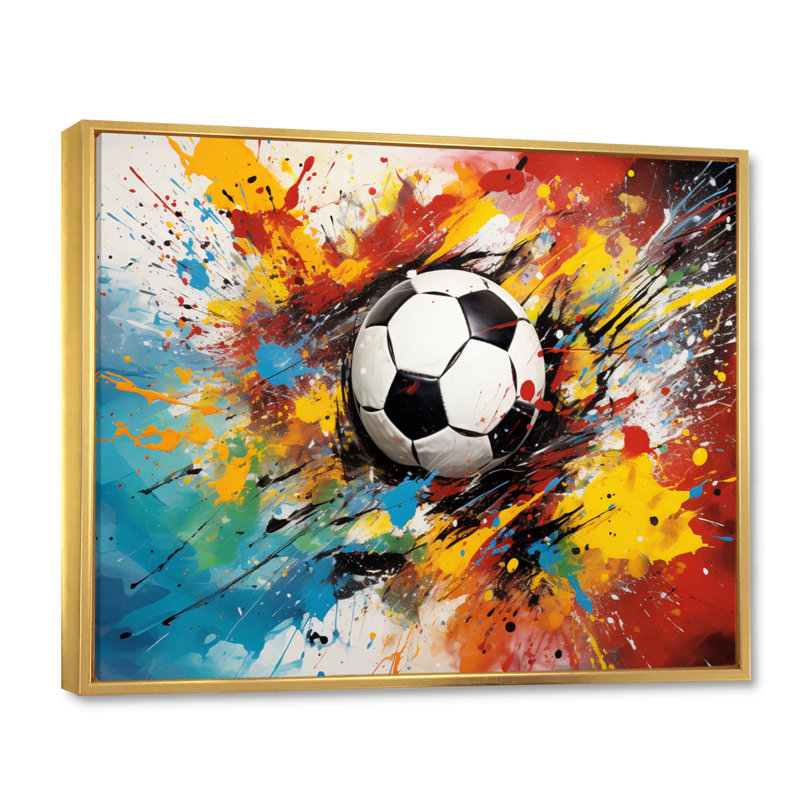 Abstraction soccer ball - décoration murale soccer, Cadre flottant doré, H 34 po x l 44 po x P 1,5 po