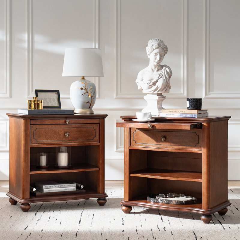 Elfine Traditional 28"W 1-Drawer Curved Front Solid End Tables with Pull-out Tray Set of 2, Brown