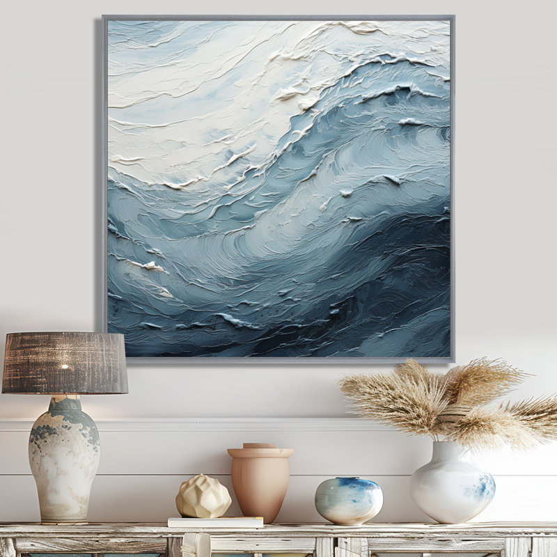 Minimalisme, peinture noire et bleue, vague II, H 36 po x l 36 po x P 1,5 po, Encadrement argenté