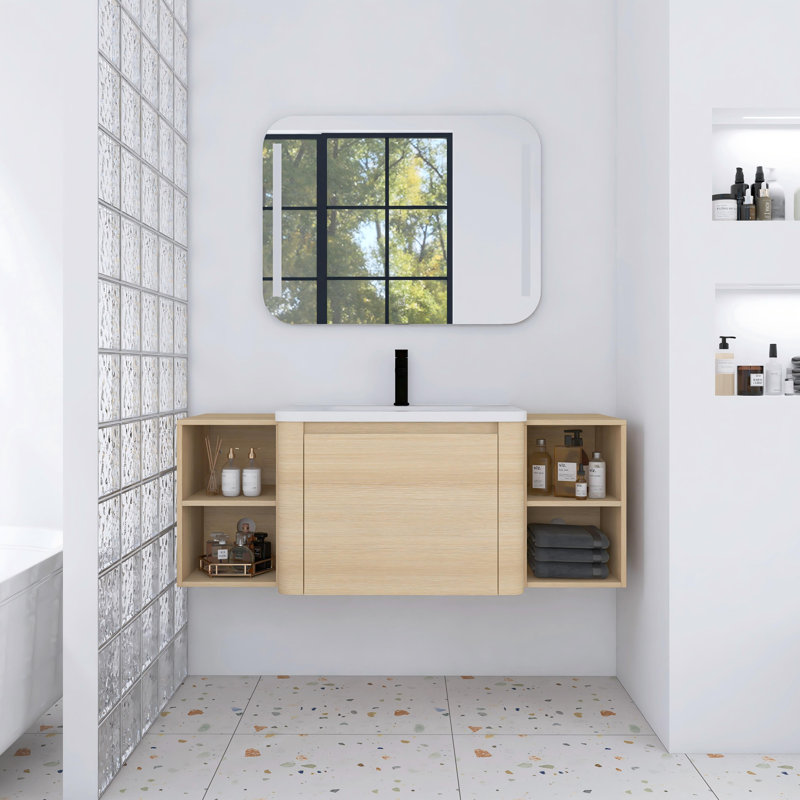 Meuble-lavabo mural 52 po avec lavabo en céramique blanche et tablettes de rangement, porte à fermeture douce, blanc américain