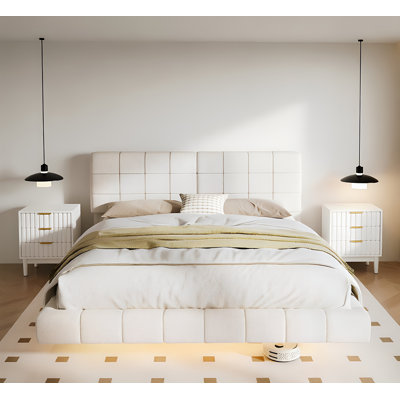 Ensemble de chambre à coucher 3 pièces, 1 lit flottant rembourré avec lumière DEL et 2 tables de chevet avec 3 tiroirs