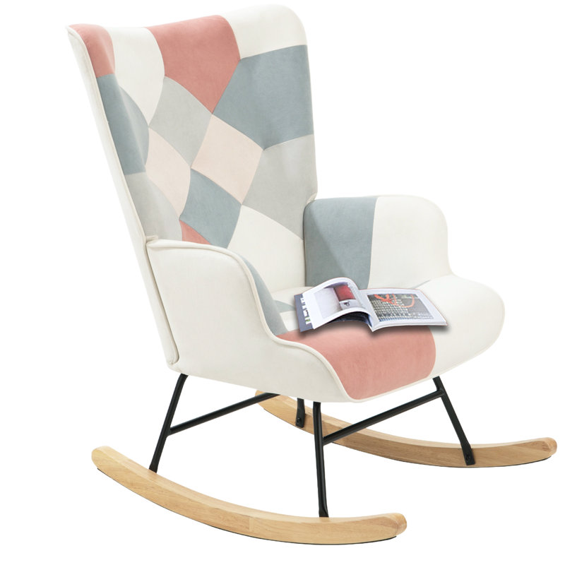 Chaise berçante en tissu, bois et lin, Rose