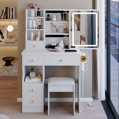 Petit meuble-lavabo de 29,2 po avec tiroir à gauche + tabouret rembourré, 2 blocs d'alimentation CA + 2 ports USB, support pour sèche-cheveux, très grand miroir coulissant à commande tactile à DEL, réglage de la luminosité tricolore, réglage de l