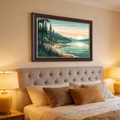 Art mural antique sur toile encadré doré pour le salon, la chambre à coucher, le bureau ou le vestibule - Décoration murale décorative avec coucher de soleil sur le lac