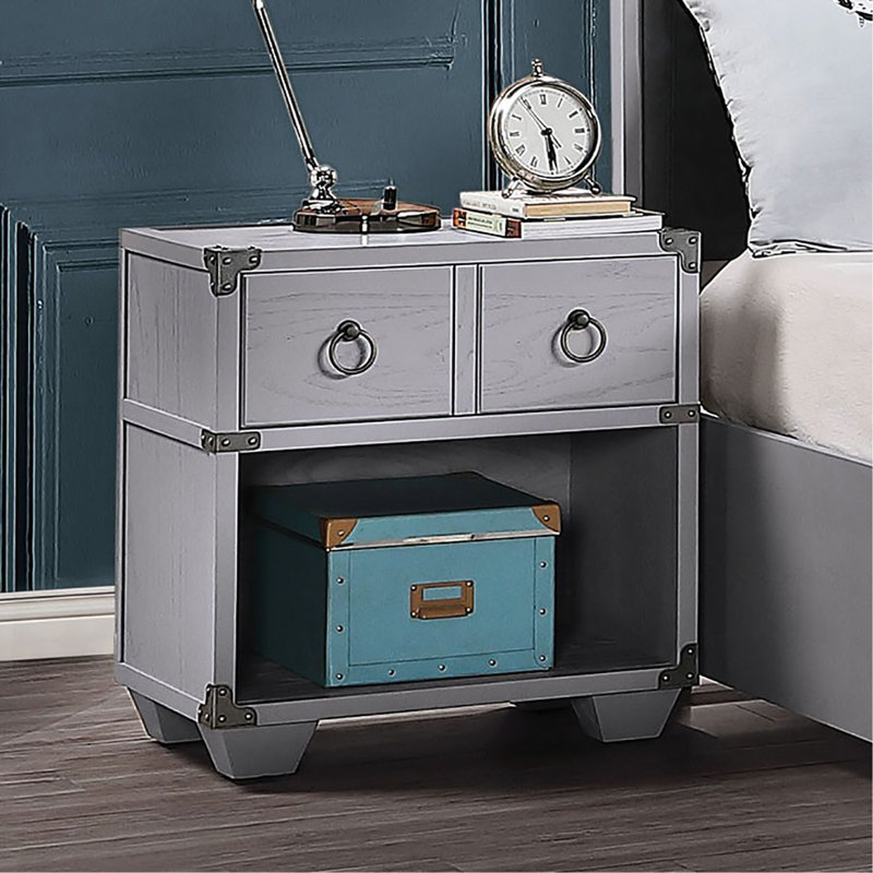Table de chevet de rangement pour chambre à coucher en gris avec double poignée - avec un tiroir et un côté coulissant en métal