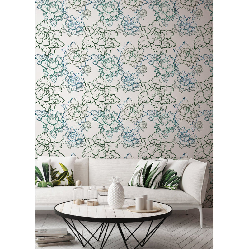 Rouleau de papier peint auto-adhésif Peony L 10 pi x l 24 po, Vert / bleu, Autocollant