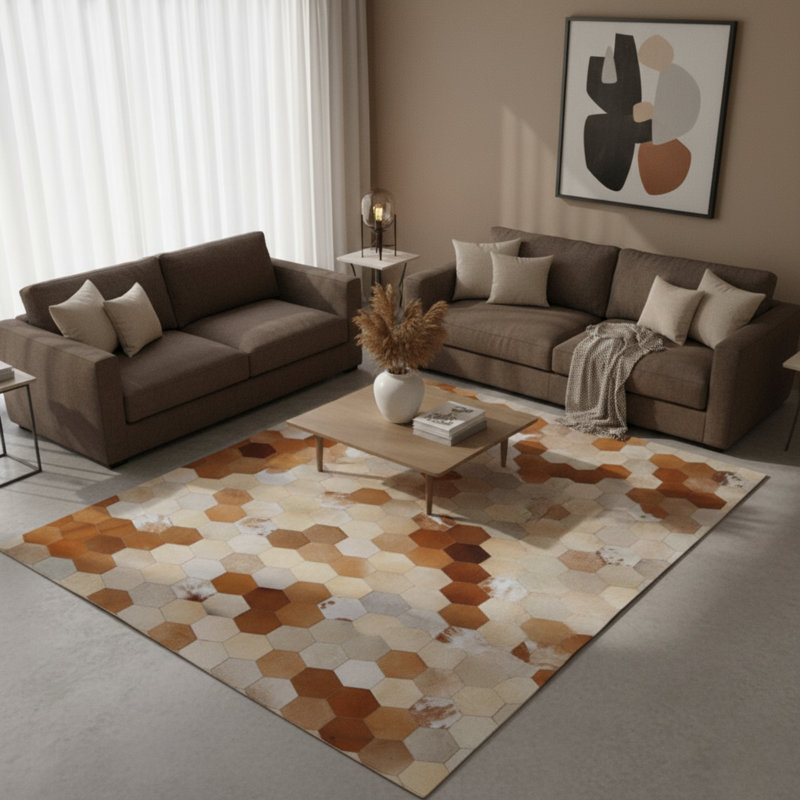 Tapis en cuir de vache brun et crème Patchwork