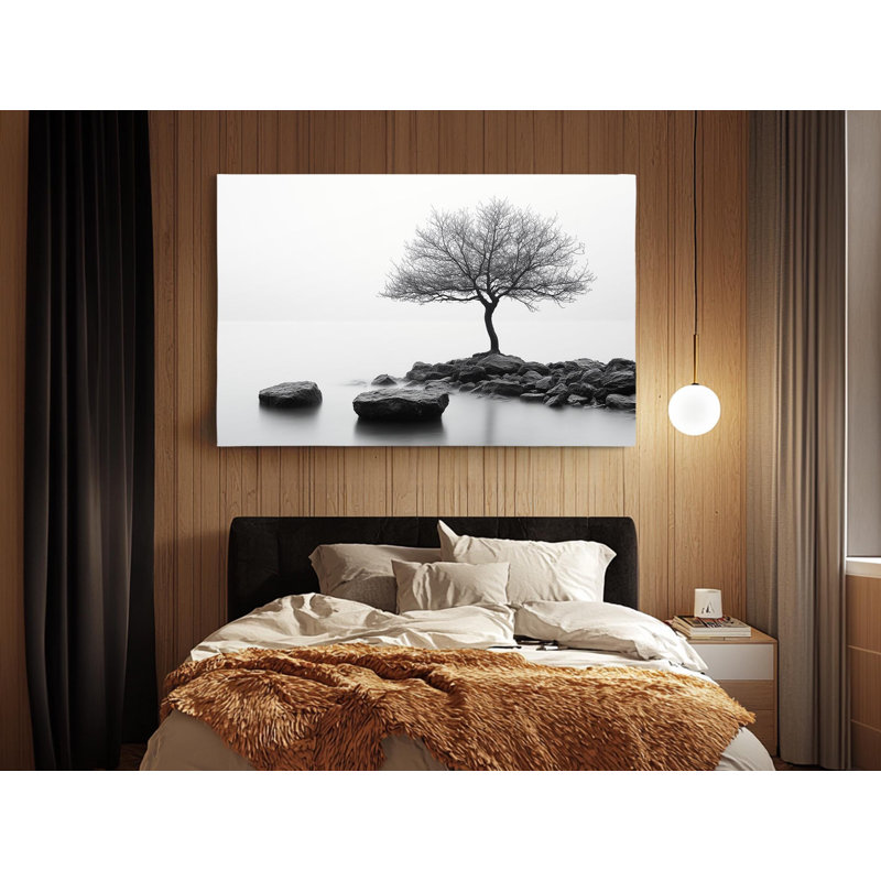 Reproduction d'art sur toile de haute qualité, arbre noir et blanc sur un lac, reproduction d'art sur toile - cadeau - décoration murale
