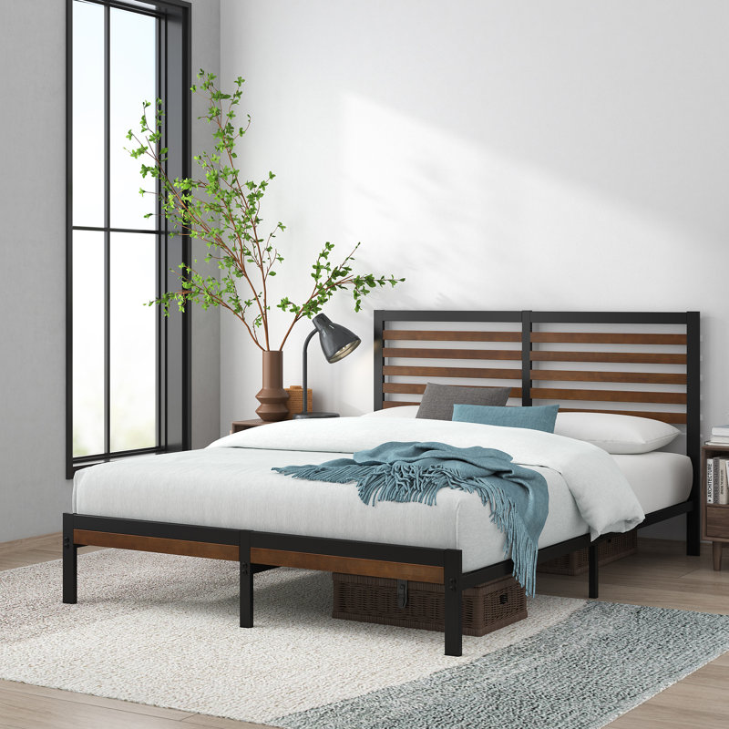 Samorah Metal Bed frame with Bamboo slatter Headboard, Single (3')