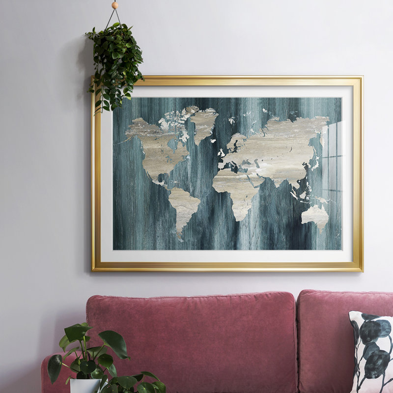 Carte du monde marine, H 19 po x l 27 po x P 1,5 po, Or
