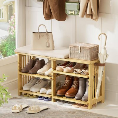 Bamboo Shoe Rack Bench, 3-Tier Shoe Bench Height Adjustable, Entry Bench with Side Storage Strap
