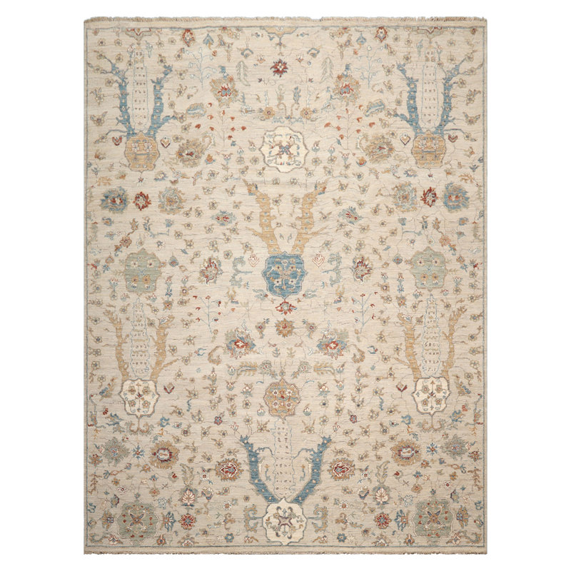 Tapis oriental beige en laine nouée à la main 9x12