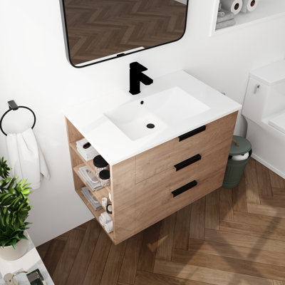 30'' Wall Mounted Single Bathroom Vanity Set, Floating Bathroom Vanity With 3 Drawers, 2 Side Shelves, Resin Vanity Top