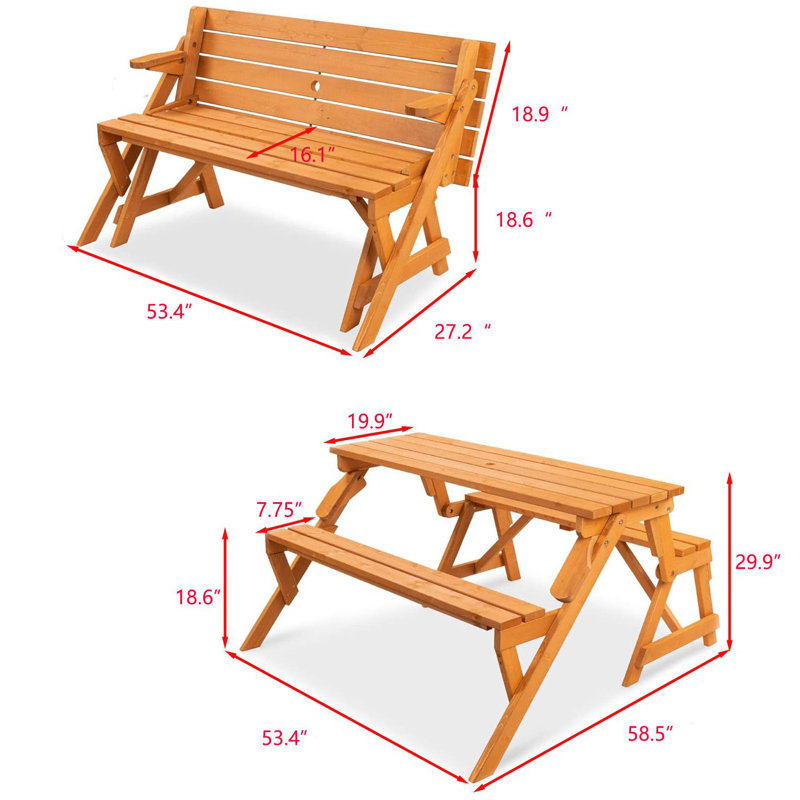 2-in-1 Transforming Interchangeable Outdoor Wooden Picnic Table Garden Bench