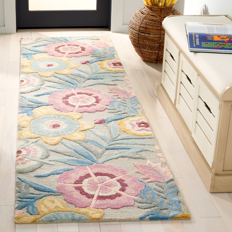 Tapis floral gris / rose en laine / coton touffeté Orilla, Tapis de couloir 2 pi 3 po x 8 pi