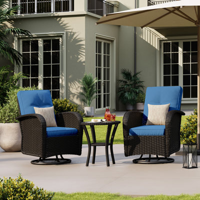3-Piece Outdoor Wicker Swivel Rocker Set with Cushions and Side Table