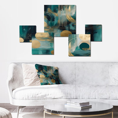 Vivid Emeral And Gold Contours Circles I - Abstract Shapes Square Wall Art Set Of 5