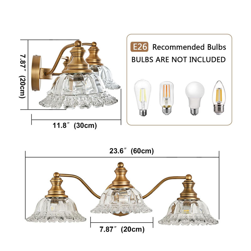 Matte Antique Brass 3-Light Vanity Fixture with Crystal Glass Shades