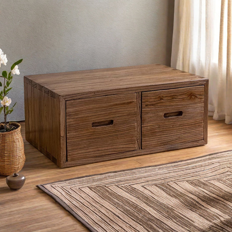 Old walnut coffee table with drawers, 11.81" H x 27.55" L x 17.71" W
