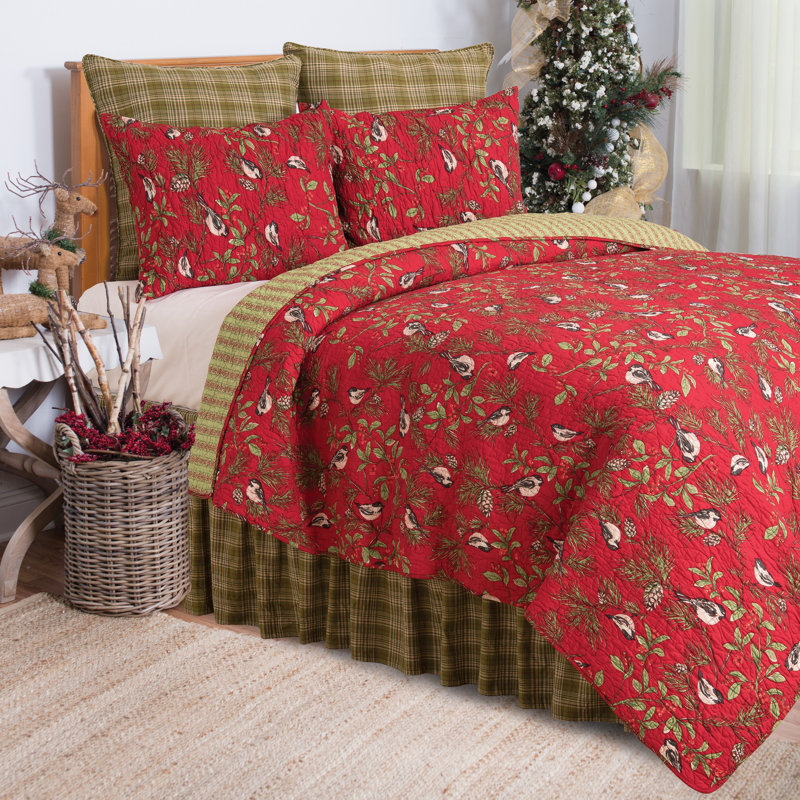 Chickadee Red Cotton Reversible Quilt Set, King Quilt + 2 Shams
