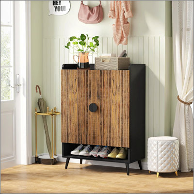 Armoire à chaussures rustique en bois avec portes, organisateur à 7 niveaux pour les entrées et les couloirs