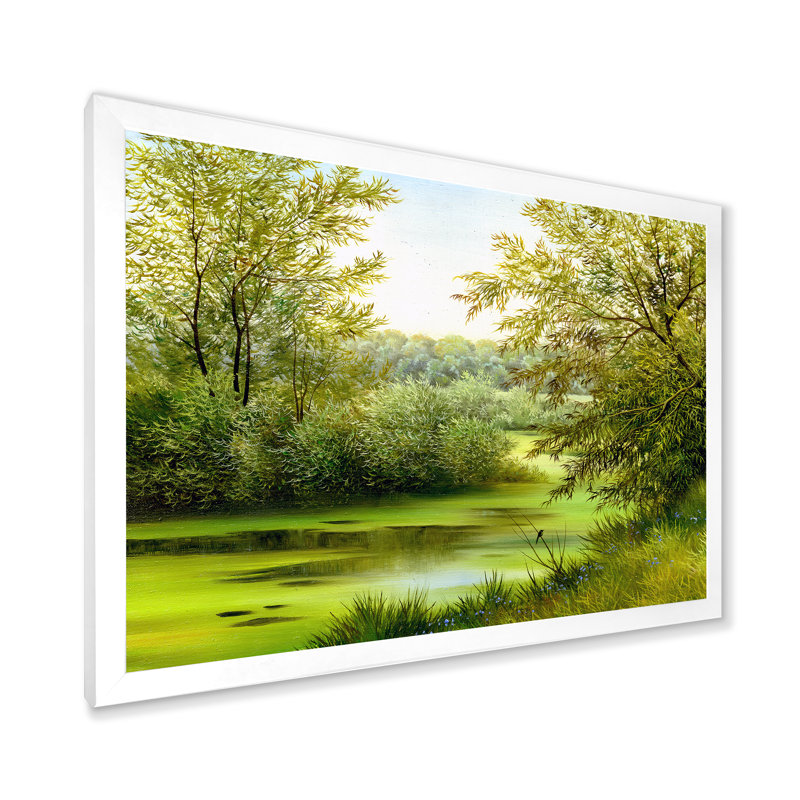 Étang vert avec arbres printaniers - Peinture sur toile, H 16 po x l 32 po x p 1 po, Cadre photo blanc