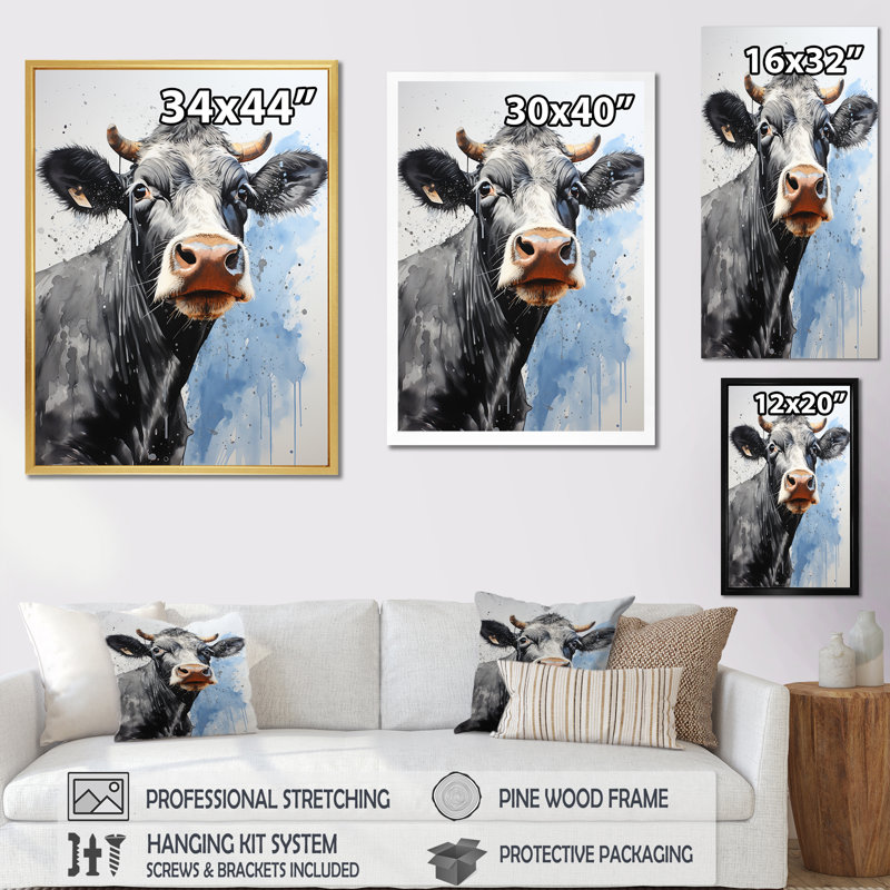 Minimalisme, vache noire et blanche III sur toile, Cadre flottant noir, H 44 po x l 34 po x P 1,5 po