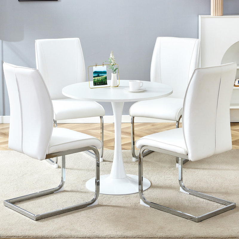  Ensemble de 5 petites tables de salle à manger rondes avec chaises rembourrées en polyuréthane et pieds arqués en métal argenté, blanc