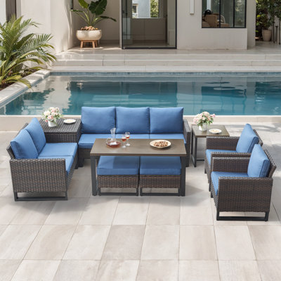 Ingvald 7-9 Person Outdoor Patio Wicker Conversation Set Group With Armchairs And Ottomans