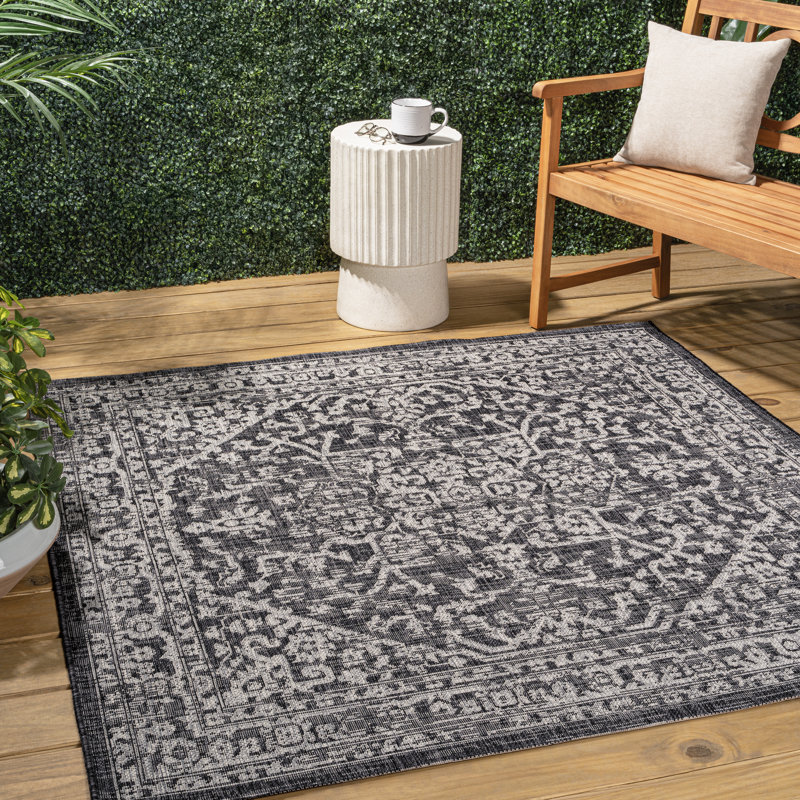 Massimo Bohemian Medallion Textured Weave Black/Gray Indoor/Outdoor Rug, Square 5'3"