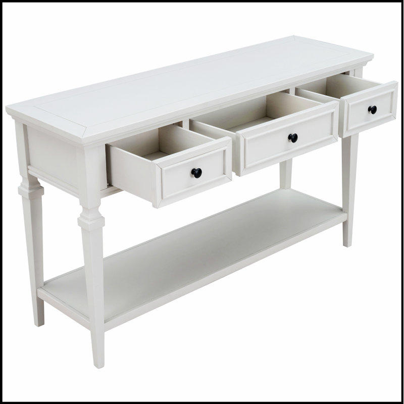Classic Retro Style Console Table with Three Top Drawers and Open Bottom Shelf, Easy Assembly, Antique White, Antique White