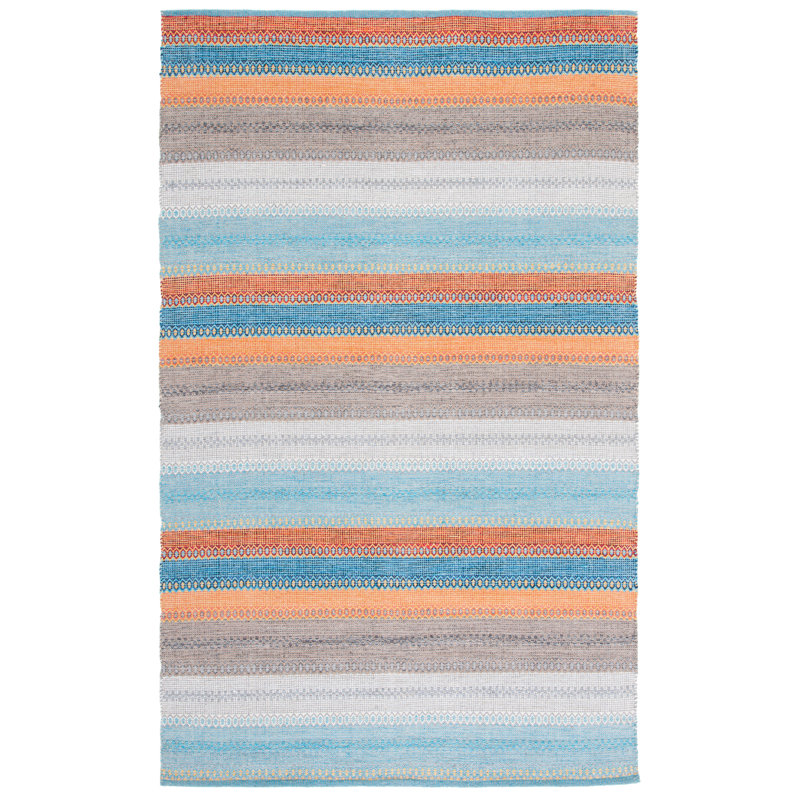 Tapis rayé en coton tissé à plat à la main Gulbranson - gris / bleu / orange, Rectangle de 5 pi x 8 pi