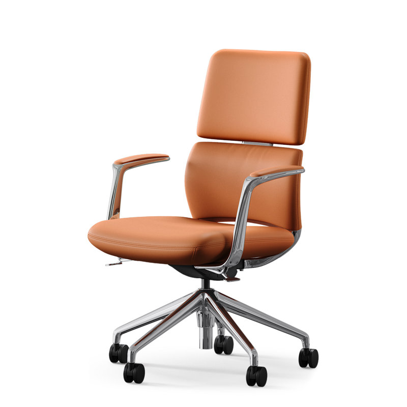 Genuine Leather Office Desk Chair with Wheels, Ergonomic Leather Executive Chair, Mid Back, Swivel Base with Adjustable Tilt, Modern Style, Luxury Aluminum Frame(Orange)