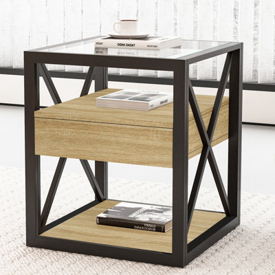 Ensemble de 2 tables de bout modernes avec tiroir - Table de chevet pour chambre à coucher et salon, panneau de fibres à densité moyenne en bois naturel et plateau en verre trempé, table d'appoint de style industriel