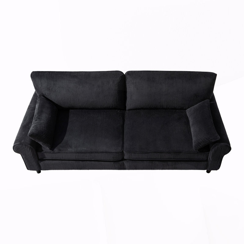 Canapé deux places en velours côtelé de 80,7 pouces, avec accoudoirs roulés, Black Corduroy