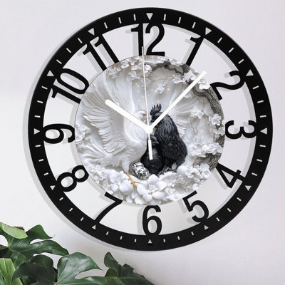 Metal Wall Clock for Living Room -10" White Black Chickens Family Blossoms Silent Non Ticking,Battery Operated, Antique Clocks for Farmhouse,Bedroom,Kitchen - Arabic Numerals