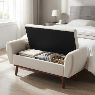 Banc de rangement rembourré avec pieds en bois massif