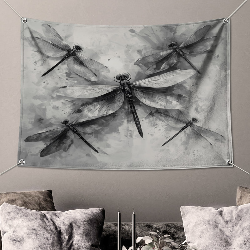 Tapisserie murale noir et blanc avec libellules, H 50 po x l 60 po avec 4 œillets
