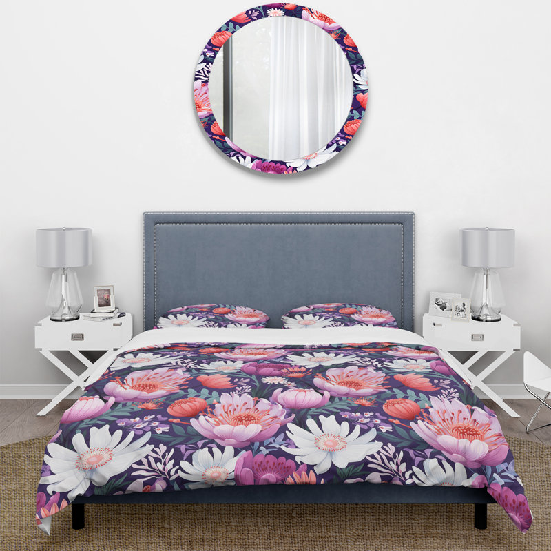 Literie violette à motif floral I, Housse de couette simple + 1 taie décorative stan