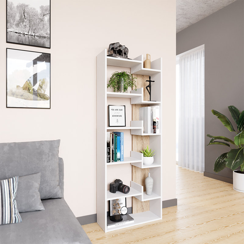 Bonifaz 160.2cm H x 61cm W Engineered Wood Geometric Bookcase, White/Brown