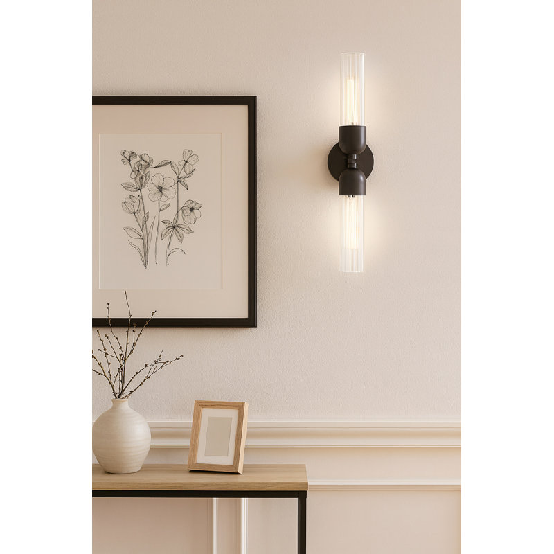 Morant Two Light Bath Wall Sconce w/ Fluted Glass Shades, Black