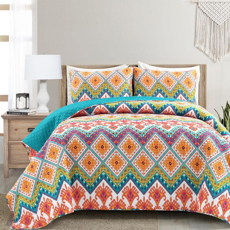 Boho Turquoise/Orange/Purple Standard Cotton Reversible 3 Piece Quilt Set, Full/Queen Quilt + 2 Shams