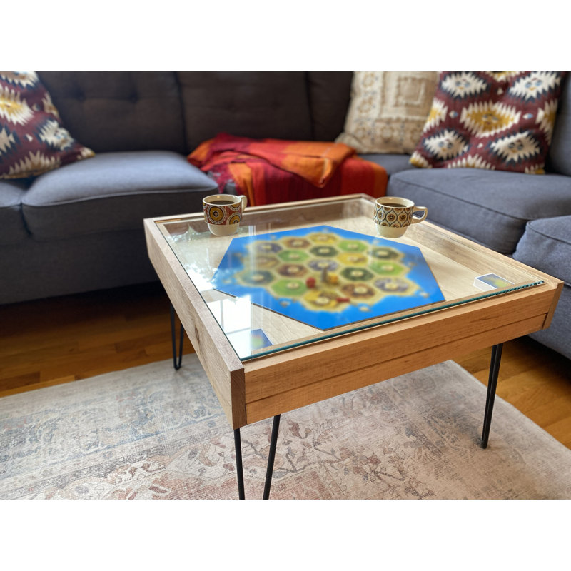 Table de jeu Rustic Byo avec plateau en verre trempé et tiroir de rangement caché -  Mesure 25 x 25 po