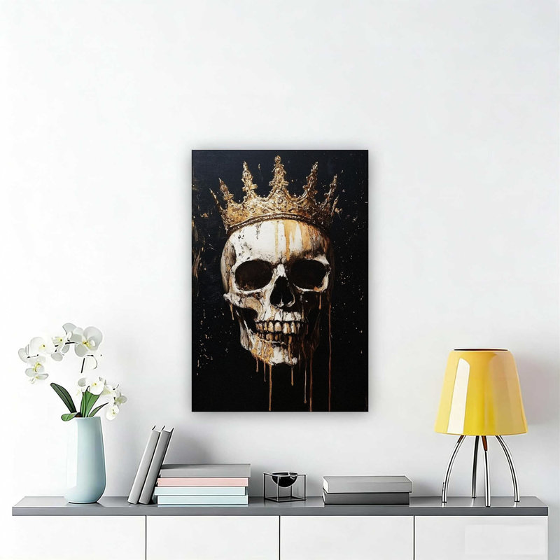 Art rétro sur toile, tête de mort noire et couronne en or 18 x 12 po
