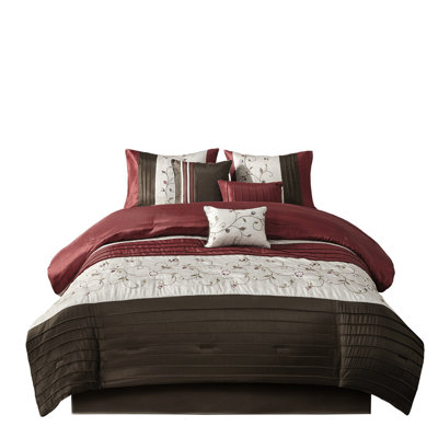 7 Piece Comforter For Queen Bed Red - Elegant Embroidery Fabric Fill Comforter, Shams, Pillows, Skirt Included Transitional Look Details Filling Includes Decorative
