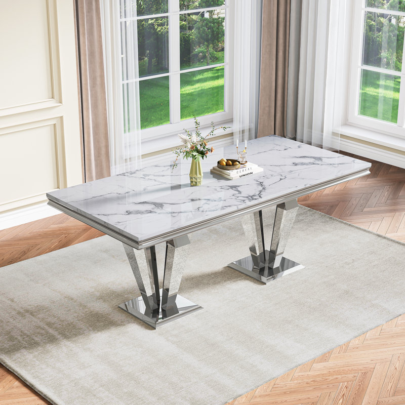 Faux Marble Dining Set With Diamond-shaped Metal Base, Black/Silver, White/Silver, 5 Pieces: Table, 4 Chairs