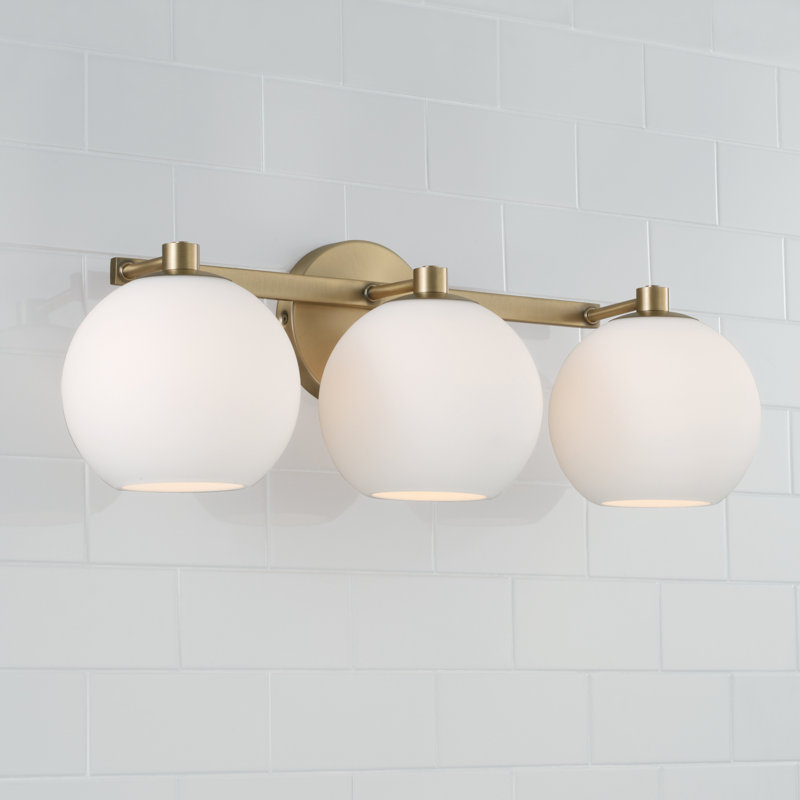 Aged Brass 3-Light Vanity with Soft White Glass Shades