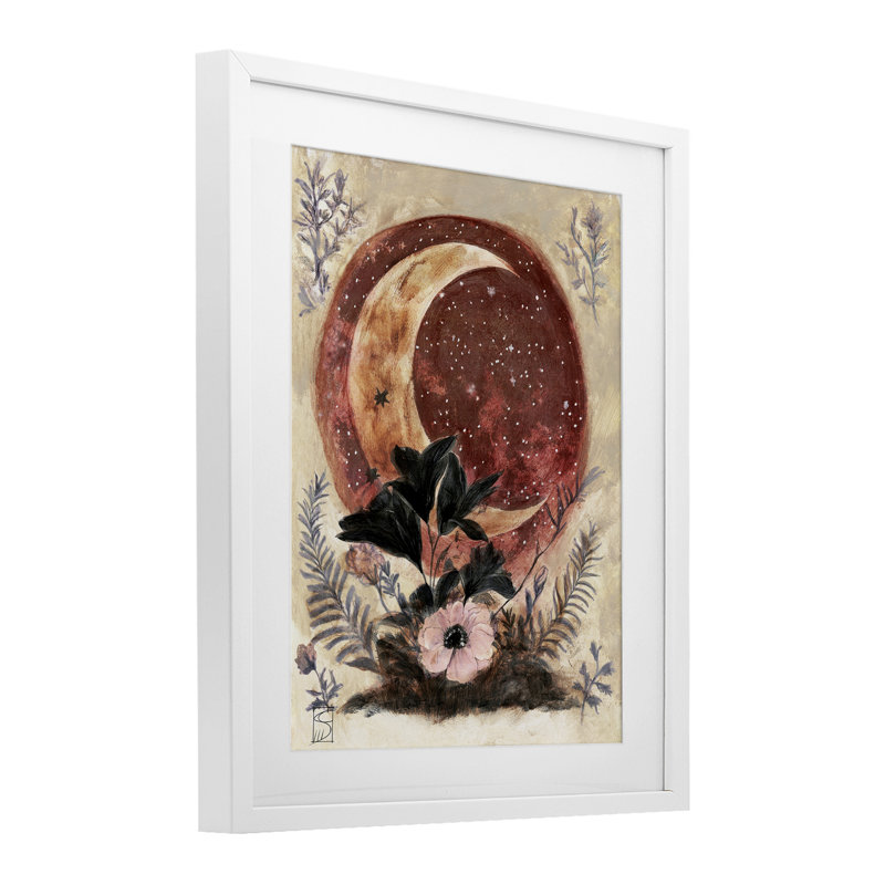 «Crescent Moon & Florals», reproduction sous verre encadrée, design par Sara Culpepper, H 21 po x l 17 po, Cadre blanc côtier