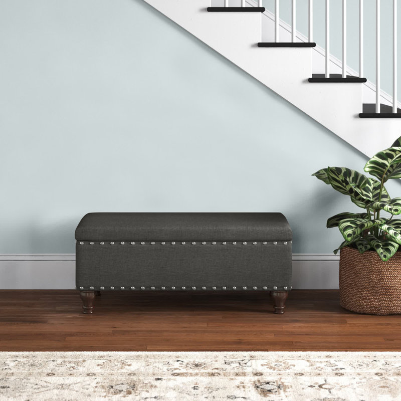 Chelsea Upholstered Ottoman Storage Bench, Charcoal/Mattet Chrome Nailhead