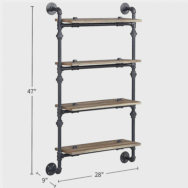 4 Tier Wall Shelf with Metal Tube, Oak and Sandy Black